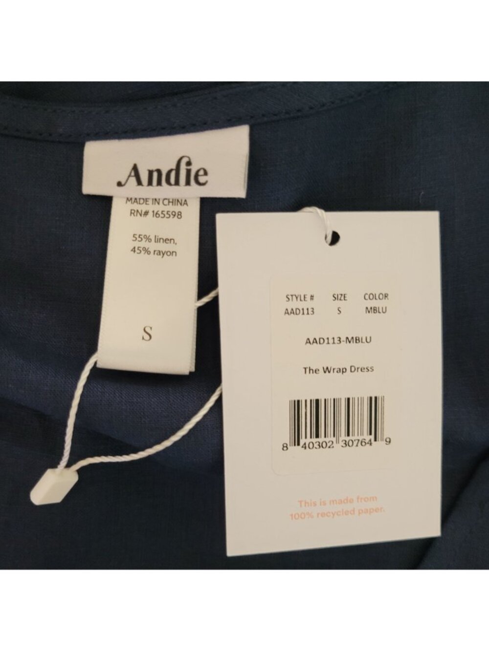 Andie Swim The Wrap Dress Size S Midnight Blue Linen Blend Sleeveless NWT - Picture 7 of 8